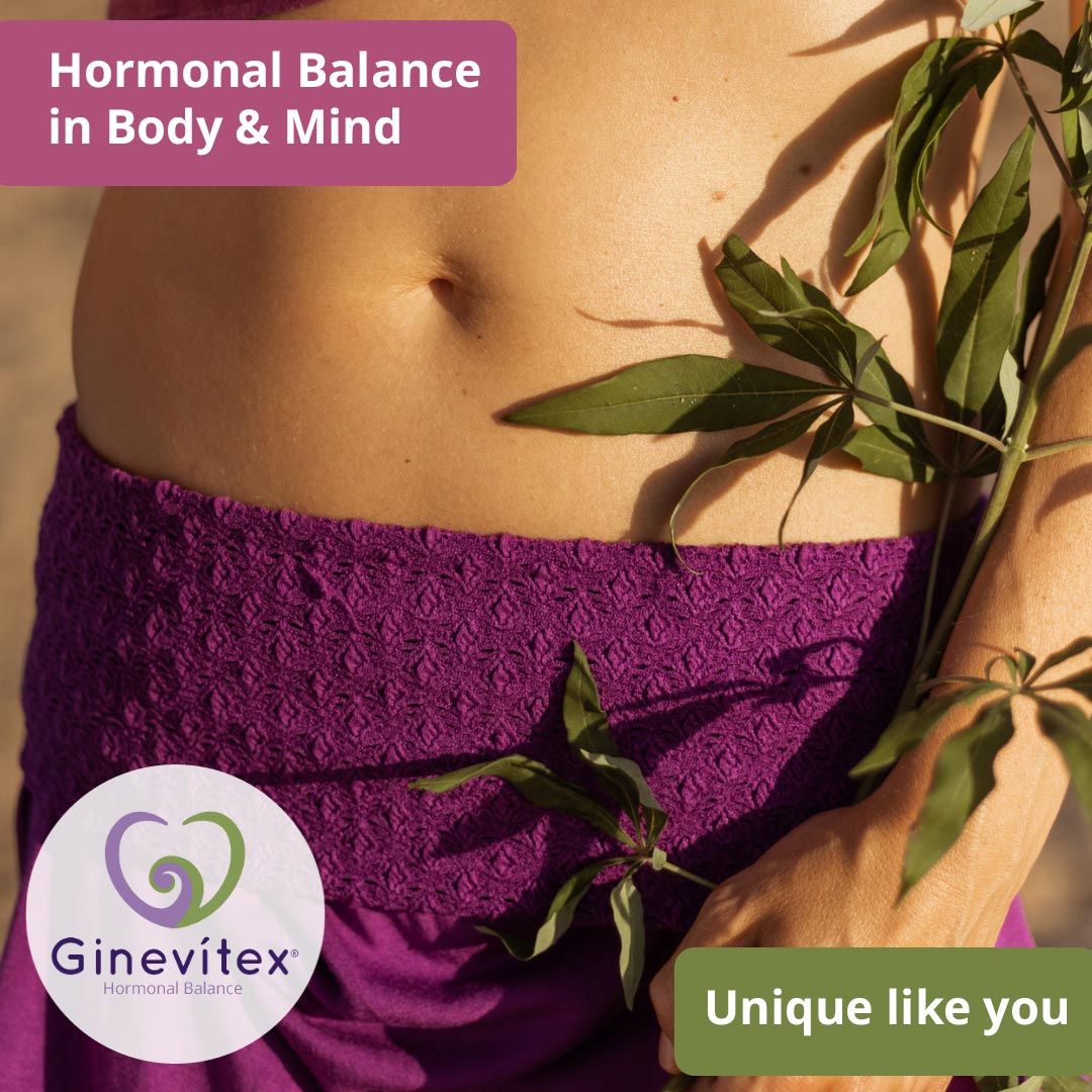 A woman with a purple skirt and bare tummy holding a branch of Vitex agnus castus in her hand. The logo of Ginevitex banner