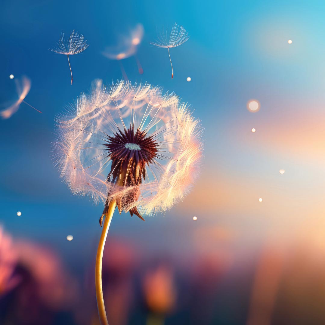 A dandelion blowing in the wind, a sunset blurry background