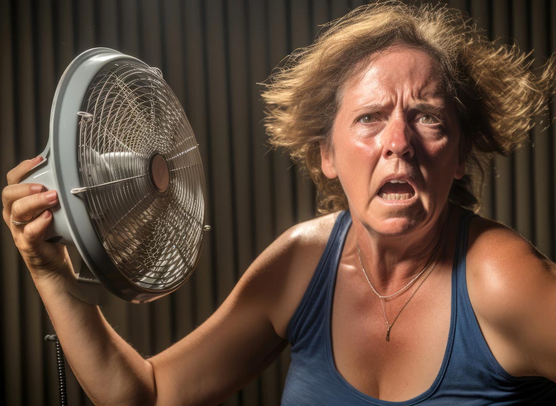 A middle aged woman looking crazy from hot flashes during menopause holding a fan in her hand