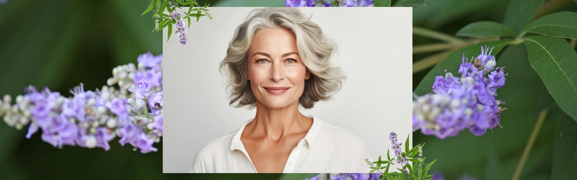 A background of the Mediterranean plant Vitex agnus castus and a middle aged beautiful woman with grey hair smiling confident