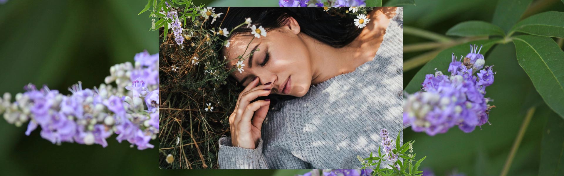 A woman with grey knitted sweater laying in a meadow with her eyes closed. The background image behind is of purple Chasteberry plant