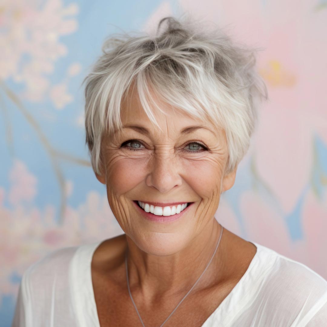 Beautiful woman in her sixties with short grey hair smiling with a pastel colored background